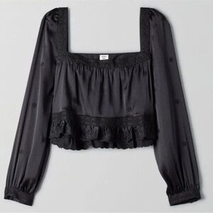 Sunday Best | Aritzia | May Day Black Satin Square Neck Ruffle Eyelet Crop Top